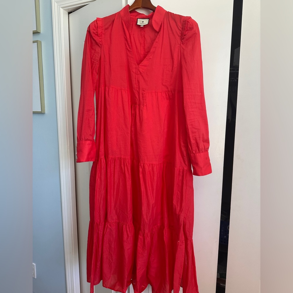 Tuckernuck Red Tiered Wrap Midi Dress with Bishop Sleeves